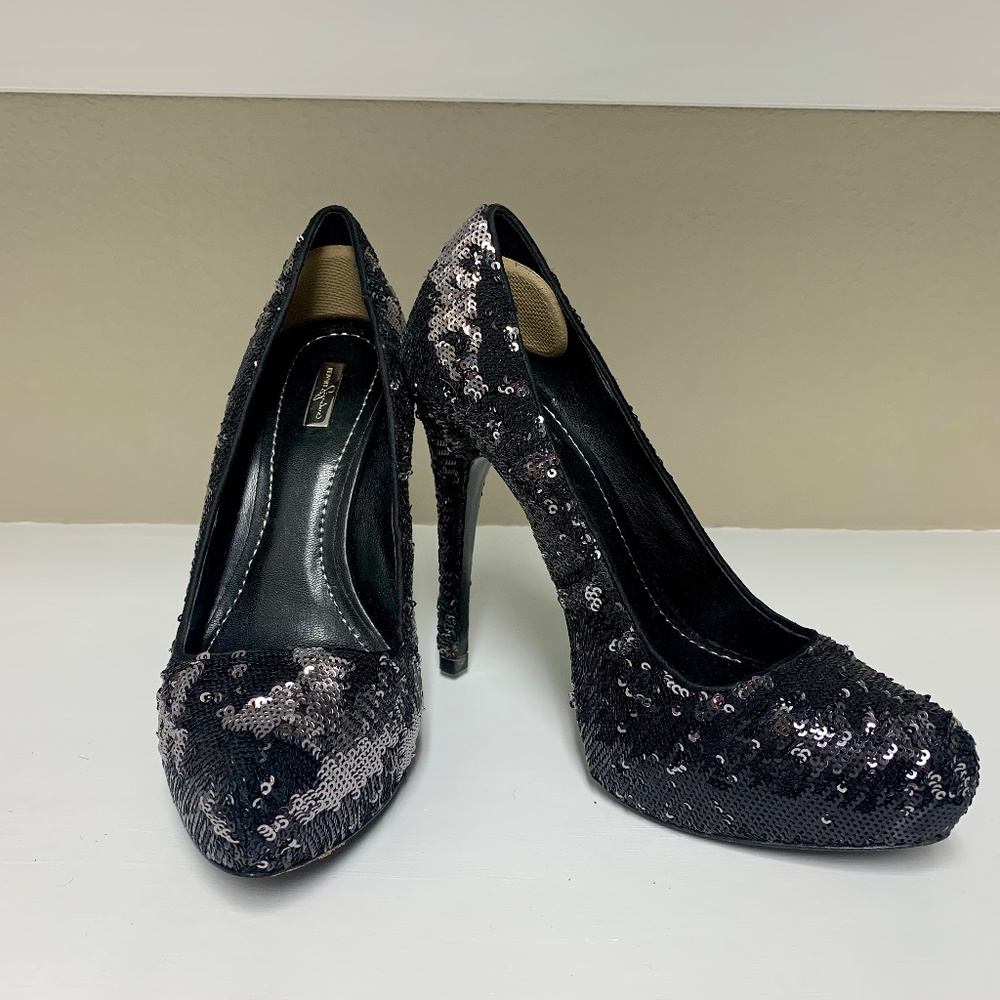 Report Signature black and silver sequined platform 5” heels